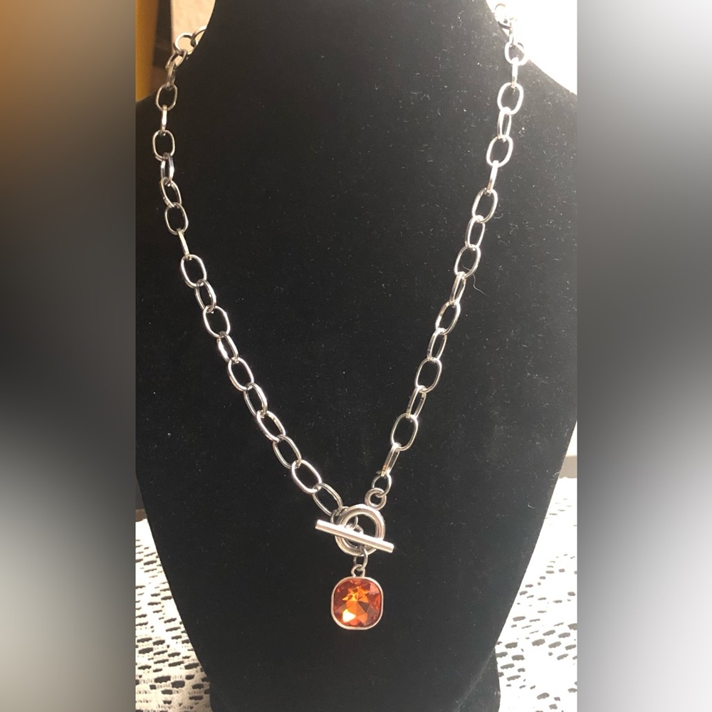 Silver Chain Necklace with Orange Pendant